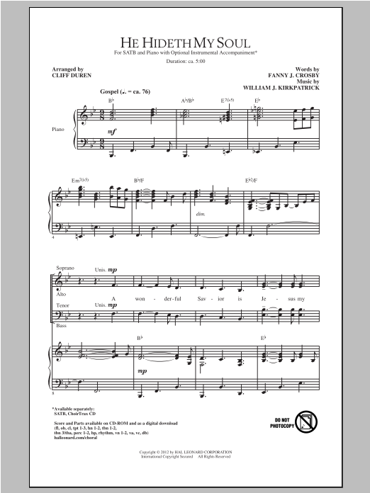 Learn to play William J. Kirkpatrick He Hideth My Soul (arr. Cliff Duren) sheet music for SATB Choir in minutes. Price: 3.9900$ William J. Kirkpatrick He Hideth My Soul (arr. Cliff Duren) sheet music notes and chords arranged for SATB Choir