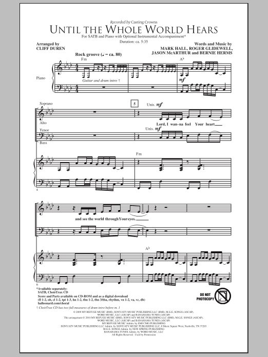 Learn to play Cliff Duren Until The Whole World Hears sheet music for SATB Choir in minutes. Price: 3.9900$ Cliff Duren Until The Whole World Hears sheet music notes and chords arranged for SATB Choir