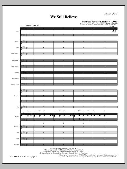 Learn to play Cliff Duren We Still Believe - Full Score sheet music for Choir Instrumental Pak in minutes. Price: 8.9900$ Cliff Duren We Still Believe - Full Score sheet music notes and chords arranged for Choir Instrumental Pak