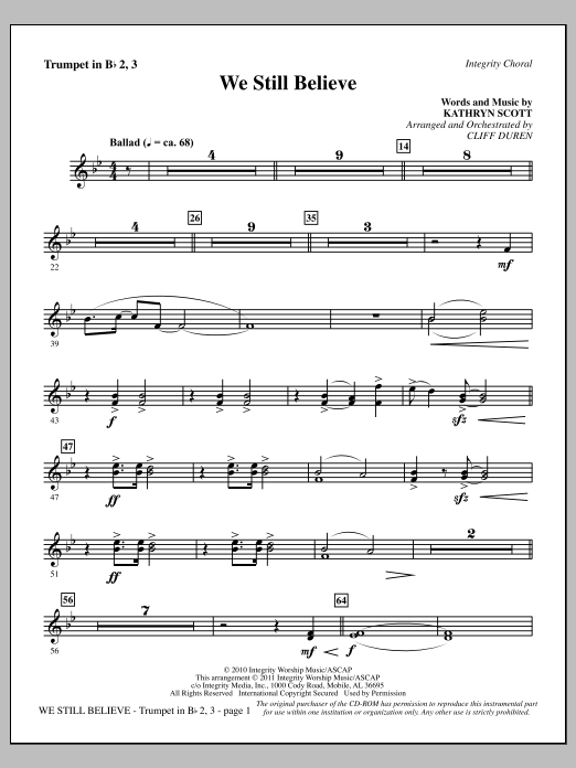 Learn to play Cliff Duren We Still Believe - Trumpet 2 & 3 sheet music for Choir Instrumental Pak in minutes. Price: 8.9900$ Cliff Duren We Still Believe - Trumpet 2 & 3 sheet music notes and chords arranged for Choir Instrumental Pak