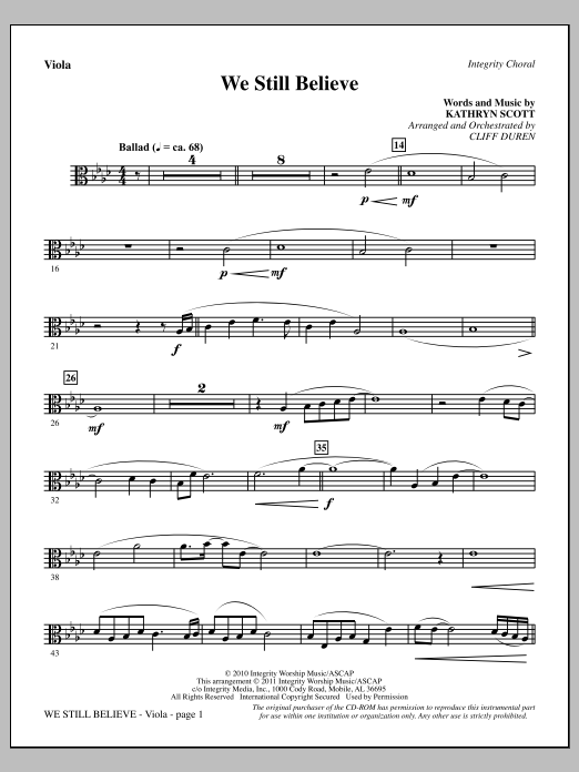 Learn to play Cliff Duren We Still Believe - Viola sheet music for Choir Instrumental Pak in minutes. Price: 8.9900$ Cliff Duren We Still Believe - Viola sheet music notes and chords arranged for Choir Instrumental Pak