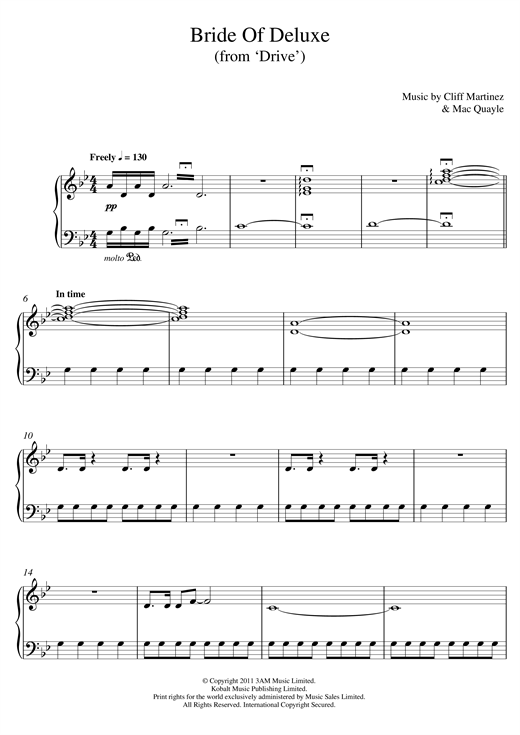 Learn to play Cliff Martinez Bride Of Deluxe (from 'Drive') sheet music for Piano Solo in minutes. Cliff Martinez Bride Of Deluxe (from 'Drive') sheet music notes and chords
