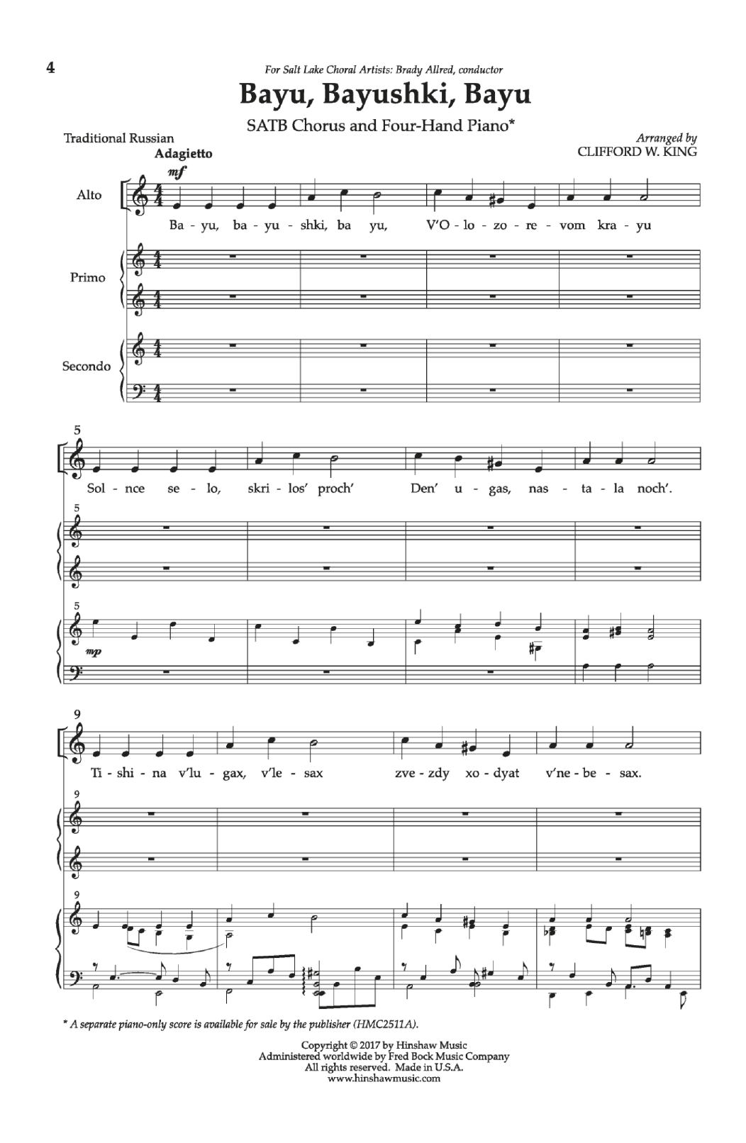 Learn to play Clifford W. King Bayu, Bayushki, Bayu sheet music for SATB Choir in minutes. Price: 3.9900$ Clifford W. King Bayu, Bayushki, Bayu sheet music notes and chords arranged for SATB Choir