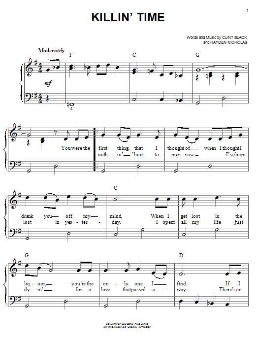 Clint Black Killin' Time sheet music notes and chords. Download Printable PDF.