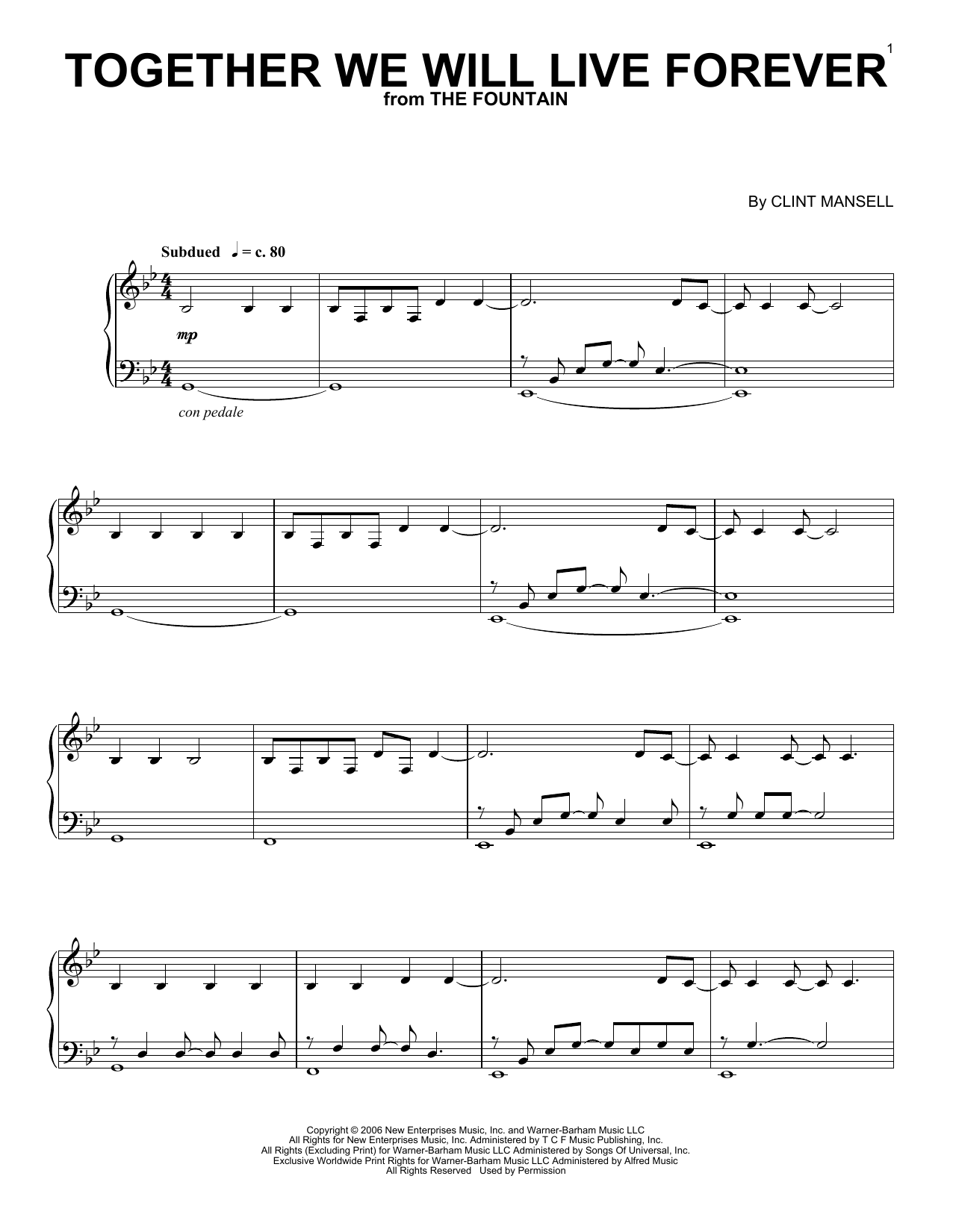 Learn to play Clint Mansell Together We Will Live Forever sheet music for Piano Solo in minutes. Clint Mansell Together We Will Live Forever sheet music notes and chords. Download Printable PDF.
