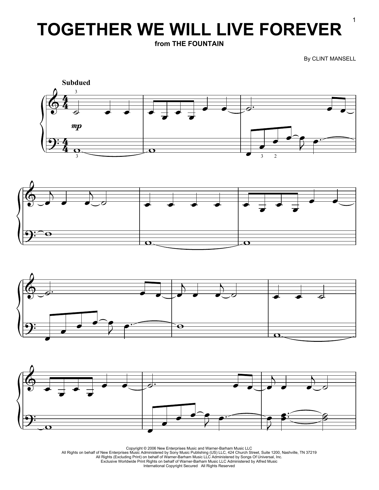 Clint Mansell Together We Will Live Forever (from The Fountain) sheet music notes and chords. Download Printable PDF.