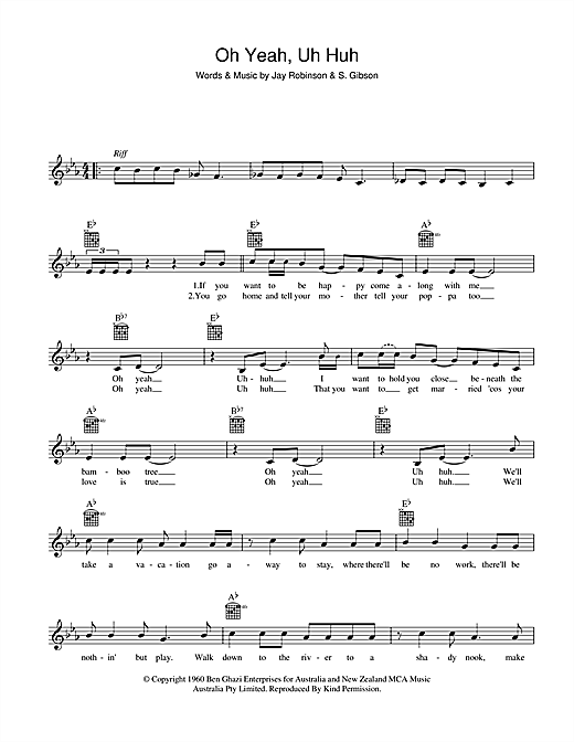 Col Joye Oh Yeah, Uh Huh sheet music notes and chords arranged for Lead Sheet / Fake Book