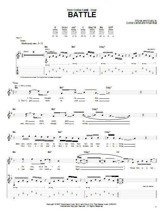 Colbie Caillat Battle Sheet Music Pdf Notes Chords Pop Score Guitar Tab Download Printable Sku 63982