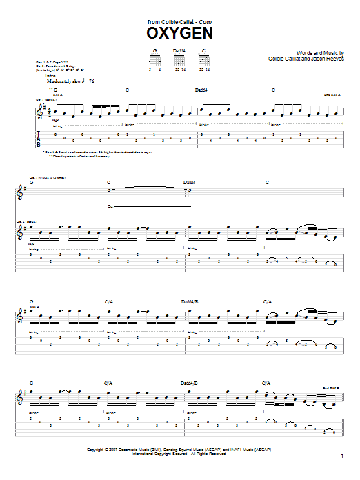 Learn to play Colbie Caillat Oxygen sheet music for Guitar Tab in minutes. Price: 7.8900$ Colbie Caillat Oxygen sheet music notes and chords arranged for Guitar Tab
