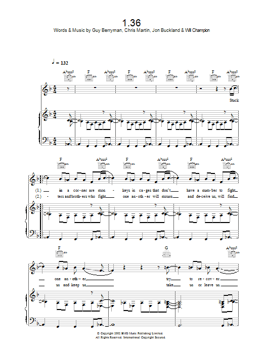 Coldplay 1.36 sheet music notes and chords. Download Printable PDF.