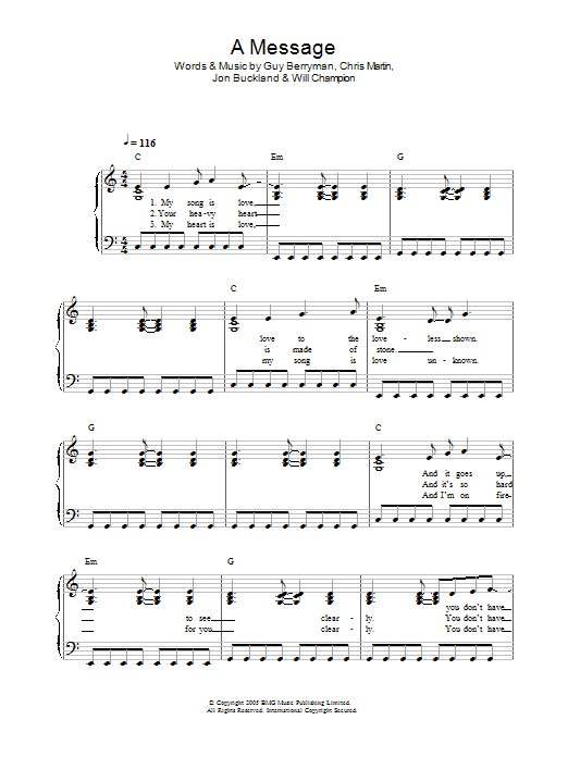 Coldplay A Message sheet music notes and chords. Download Printable PDF.