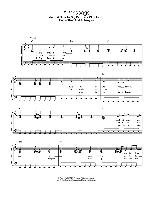 Learn to play Coldplay A Message sheet music for Easy Piano in minutes. Coldplay A Message sheet music notes and chords. Download Printable PDF.