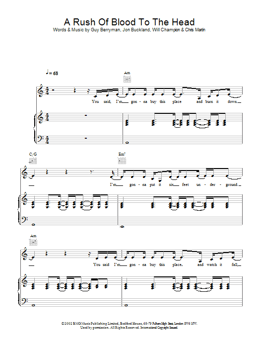 Coldplay A Rush Of Blood To The Head sheet music notes and chords. Download Printable PDF.