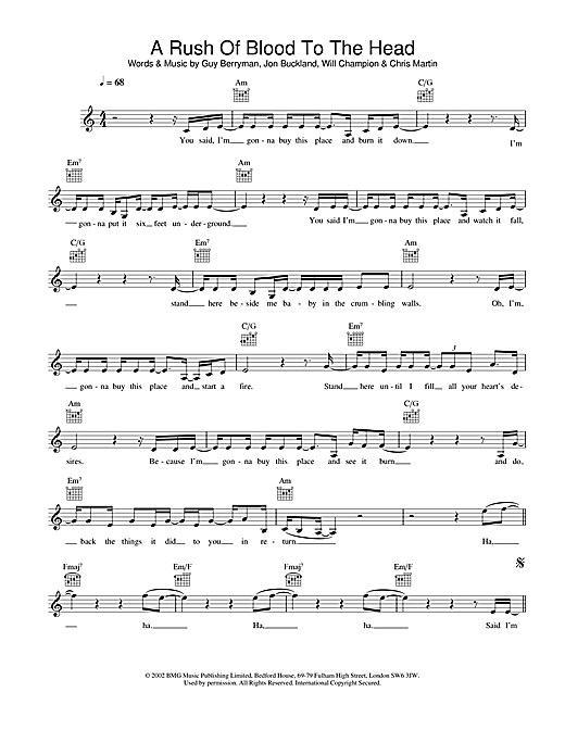 Learn to play Coldplay A Rush Of Blood To The Head sheet music for Lead Sheet / Fake Book in minutes. Coldplay A Rush Of Blood To The Head sheet music notes and chords. Download Printable PDF.
