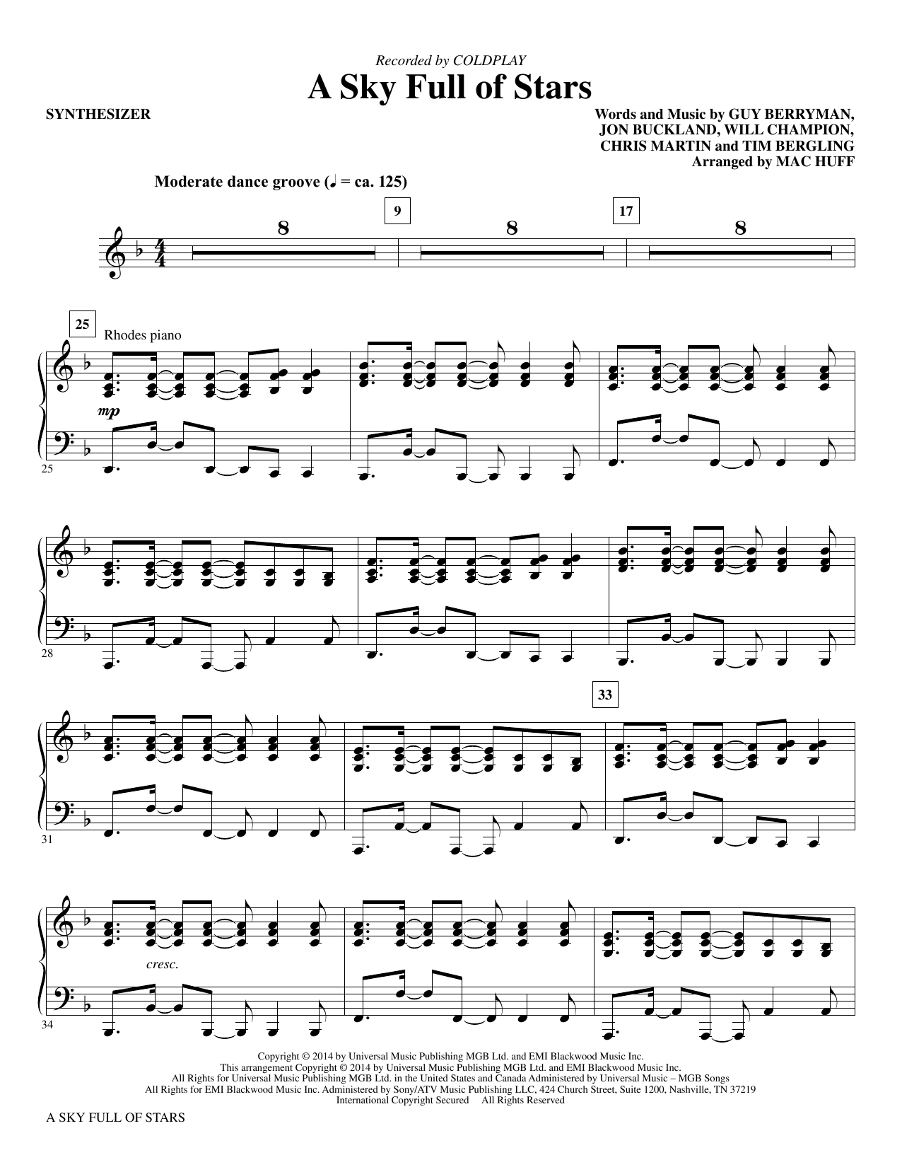Coldplay A Sky Full Of Stars Arr Mac Huff Synthesizer Sheet Music Pdf Notes Chords Alternative Score Choir Instrumental Pak Download Printable Sku