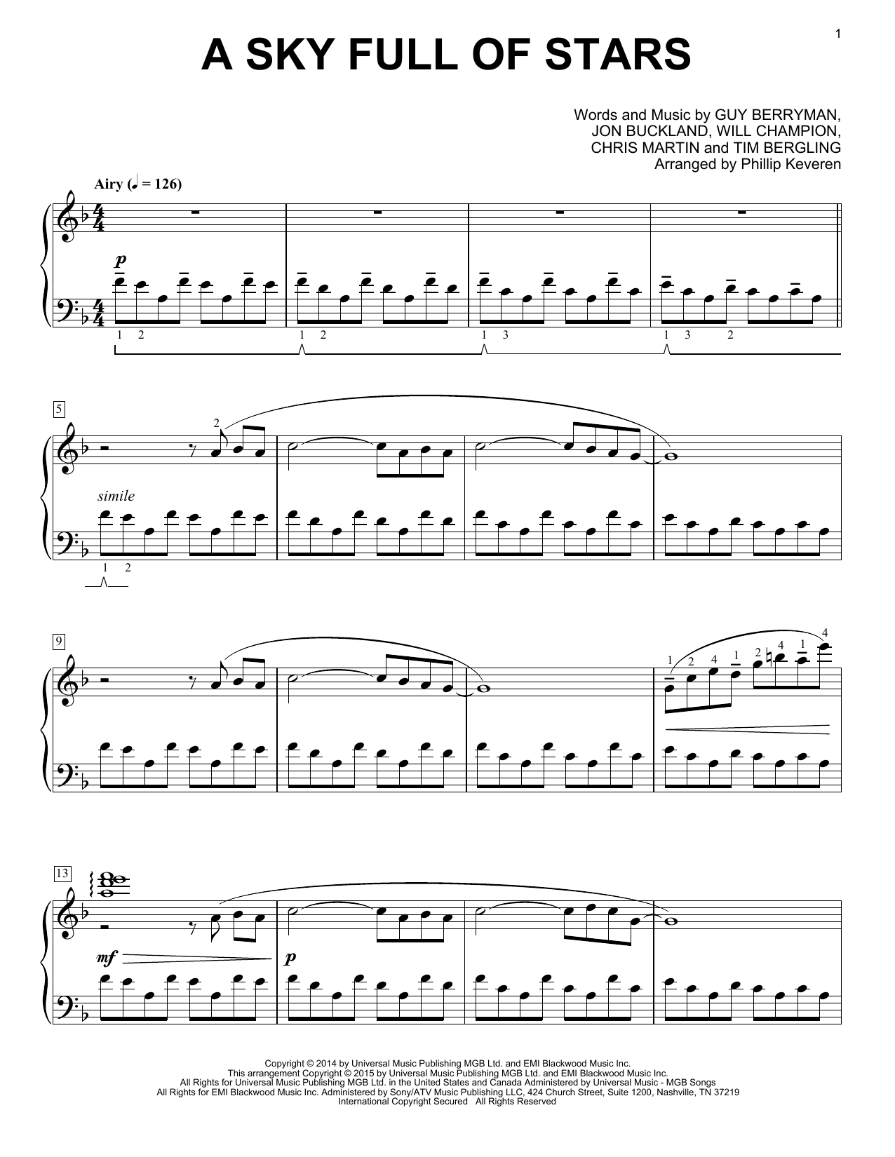 Coldplay A Sky Full Of Stars Classical Version Arr Phillip Keveren Sheet Music Pdf Notes Chords Alternative Score Piano Solo Download Printable Sku 161669