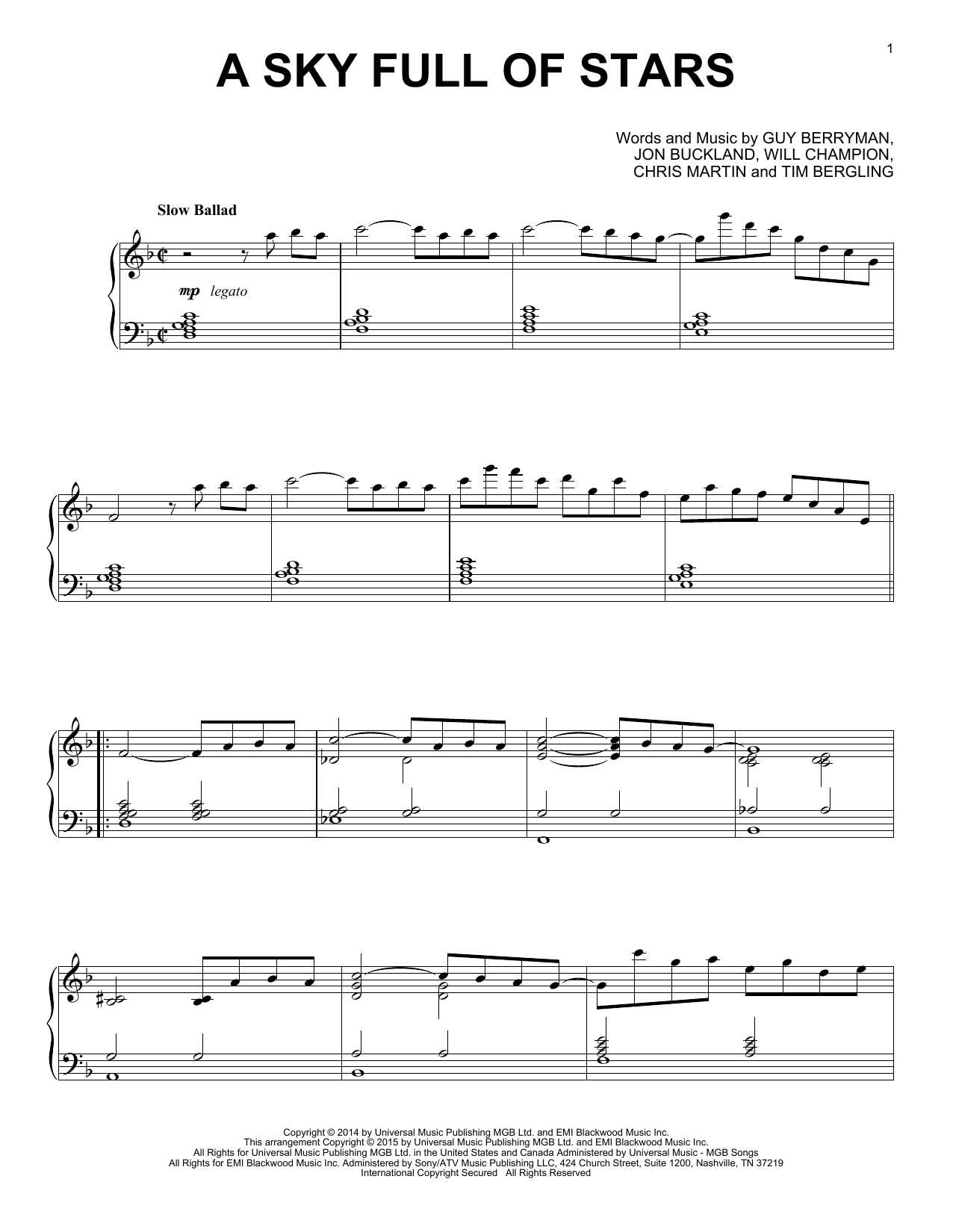 Coldplay A Sky Full Of Stars Jazz Version Sheet Music Pdf Notes Chords Alternative Score Piano Solo Download Printable Sku