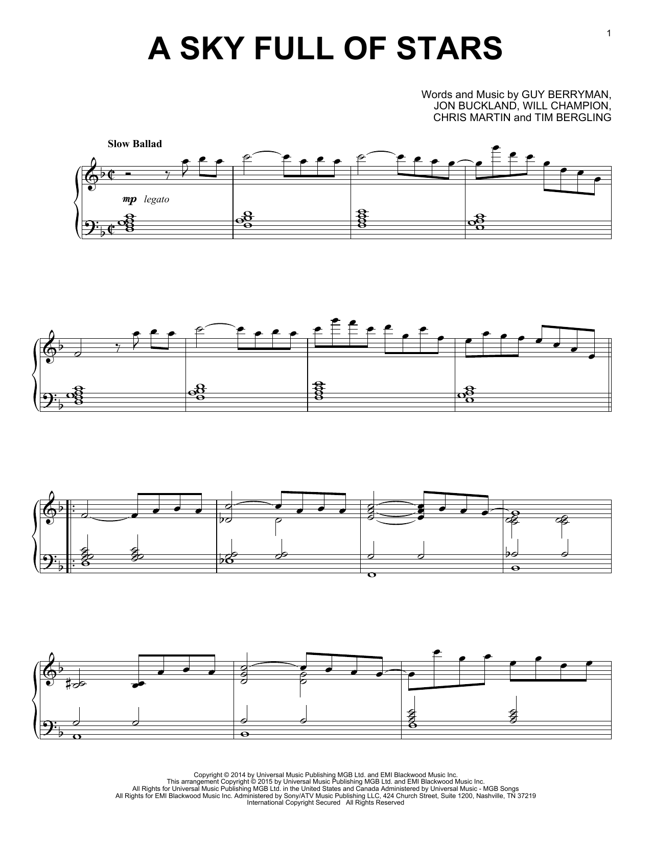 Coldplay A Sky Full Of Stars Jazz Version Sheet Music Pdf Notes Chords Alternative Score Piano Solo Download Printable Sku 161928