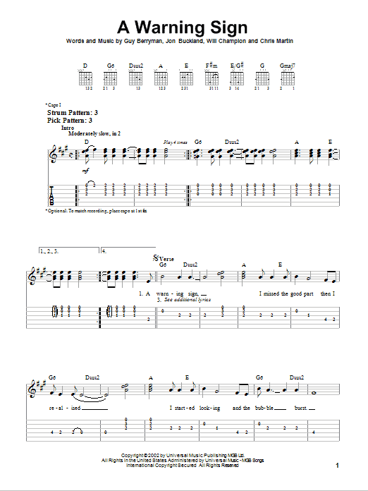 Coldplay A Warning Sign sheet music notes and chords. Download Printable PDF.