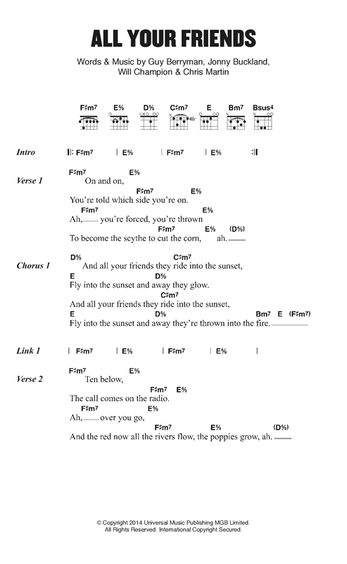 Learn to play Coldplay All Your Friends sheet music for Guitar Chords/Lyrics in minutes. Coldplay All Your Friends sheet music notes and chords. Download Printable PDF.