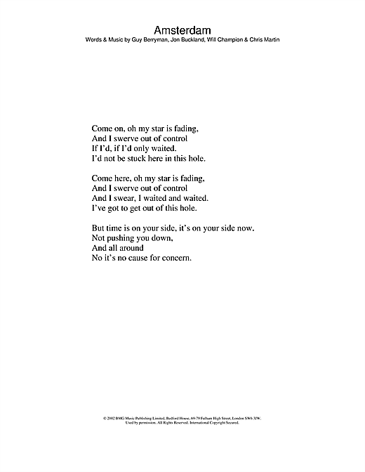Learn to play Coldplay Amsterdam sheet music for Lead Sheet / Fake Book in minutes. Coldplay Amsterdam sheet music notes and chords. Download Printable PDF.