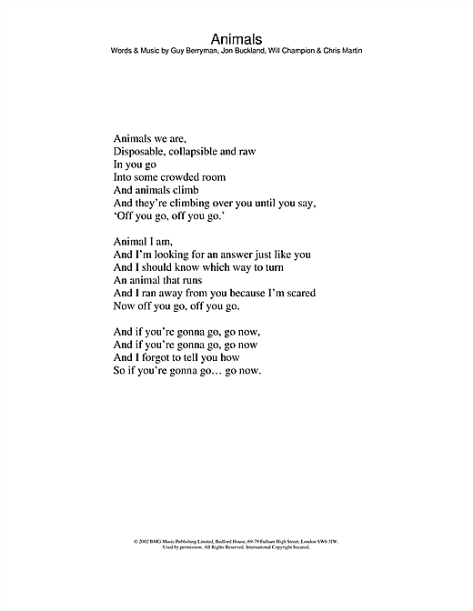 Learn to play Coldplay Animals sheet music for Guitar Tab in minutes. Coldplay Animals sheet music notes and chords