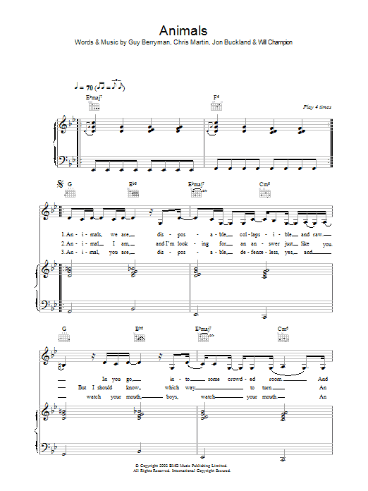 Coldplay Animals sheet music notes and chords. Download Printable PDF.