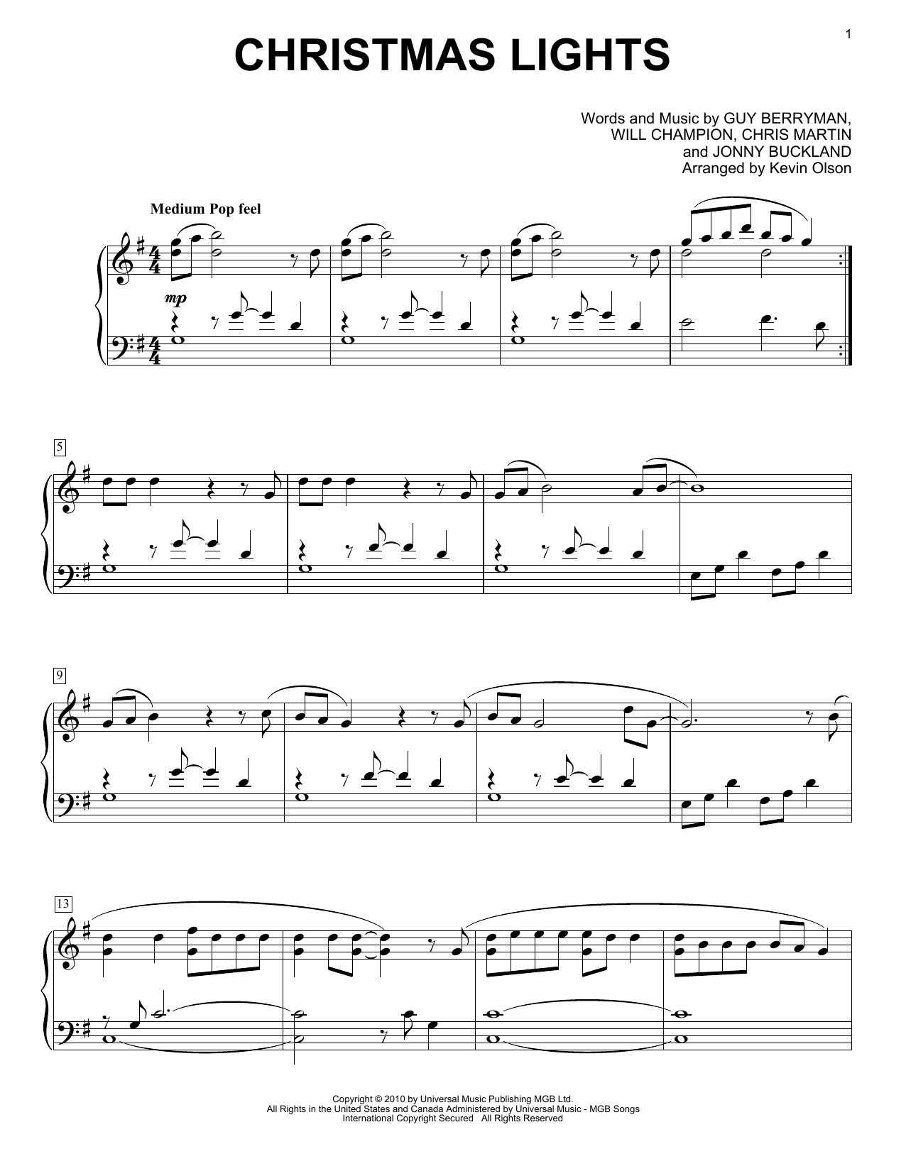 Learn to play Coldplay Christmas Lights (arr. Kevin Olson) sheet music for Easy Piano Solo in minutes. Price: 6.9900$ Coldplay Christmas Lights (arr. Kevin Olson) sheet music notes and chords arranged for Easy Piano Solo