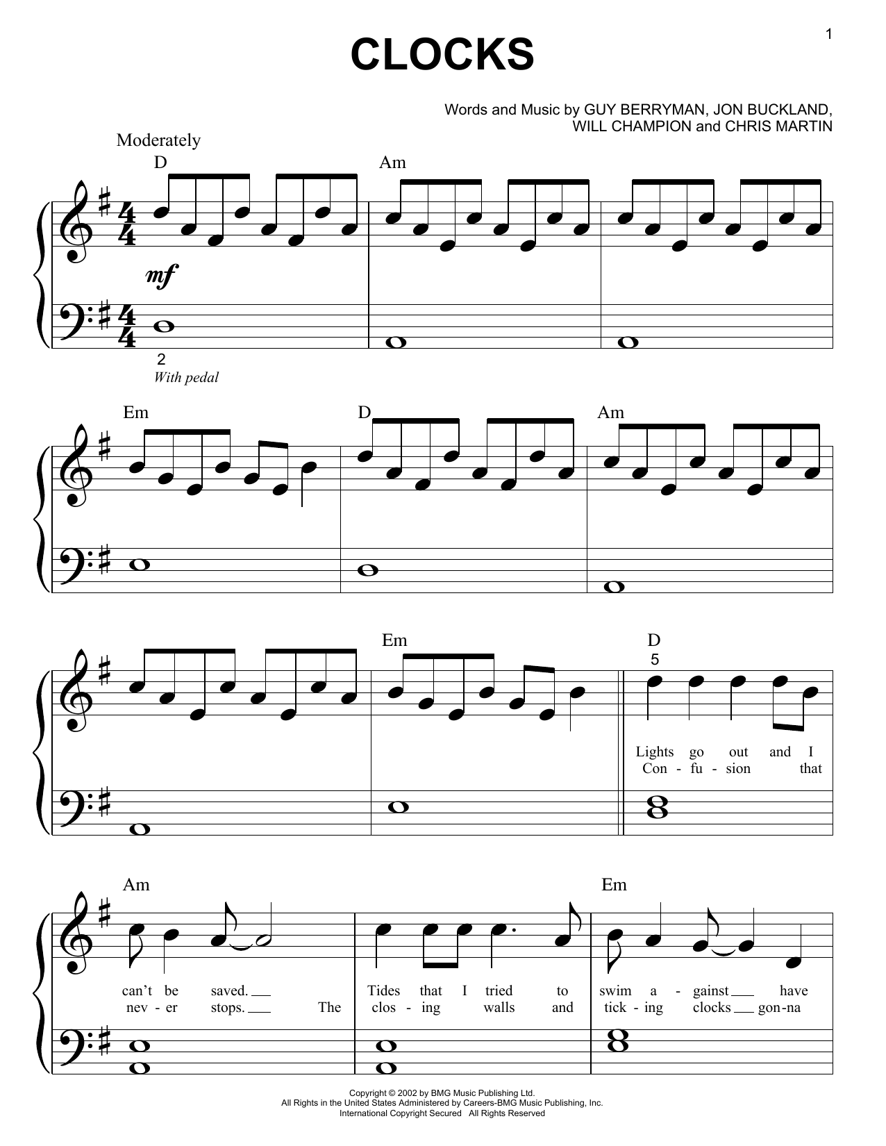 Coldplay Clocks sheet music notes and chords. Download Printable PDF.