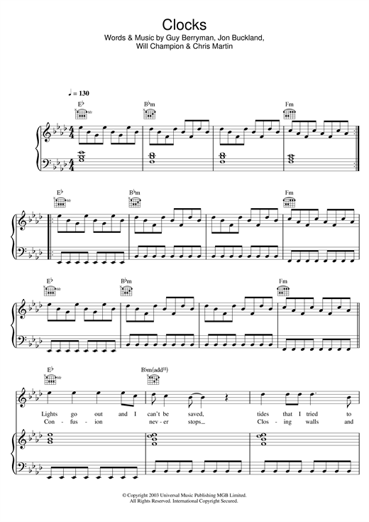 Coldplay Clocks Sheet Music Pdf Notes Chords Rock Score Bass Guitar Tab Download Printable Sku 27892