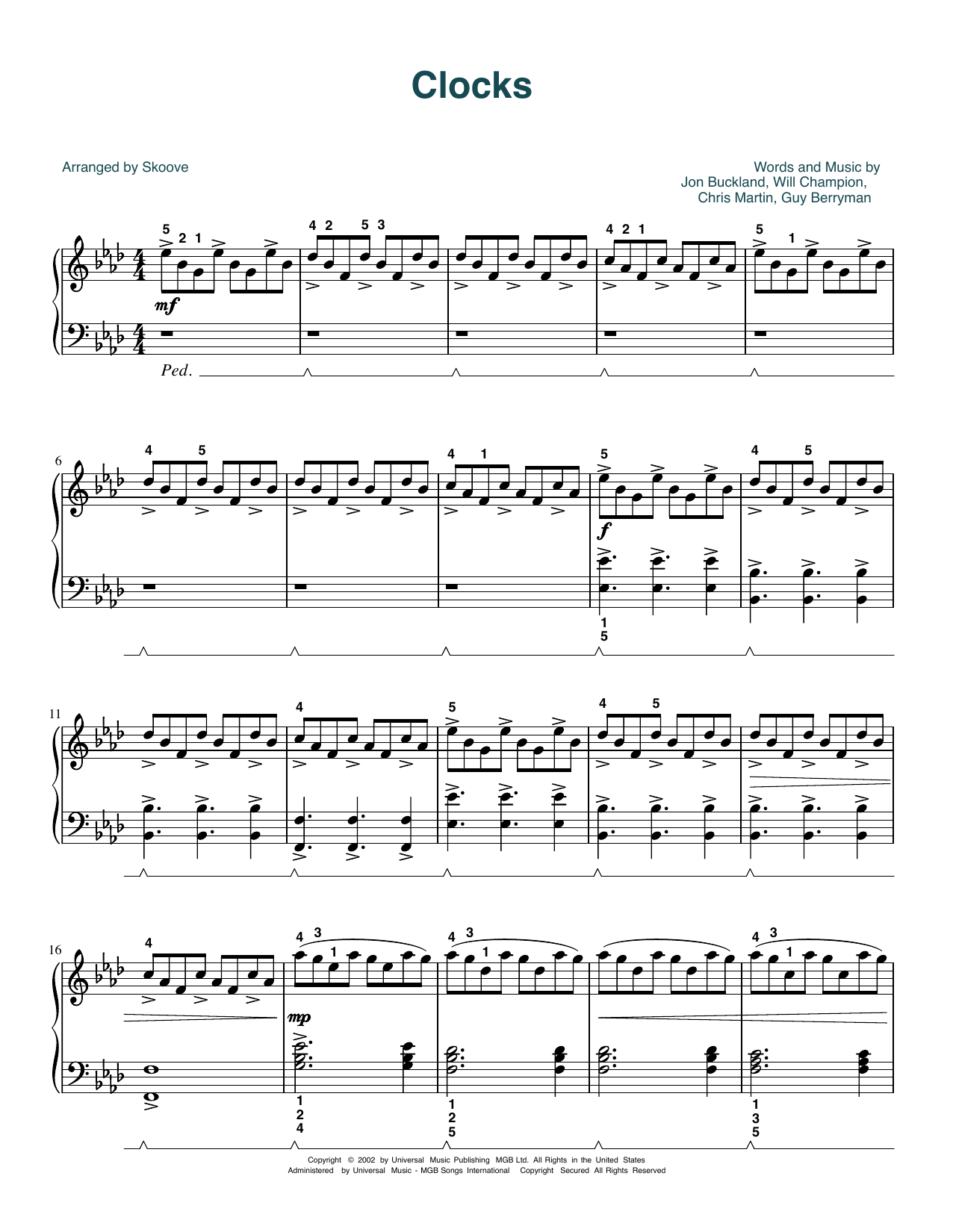 Coldplay Clocks (arr. Skoove) sheet music notes and chords. Download Printable PDF.