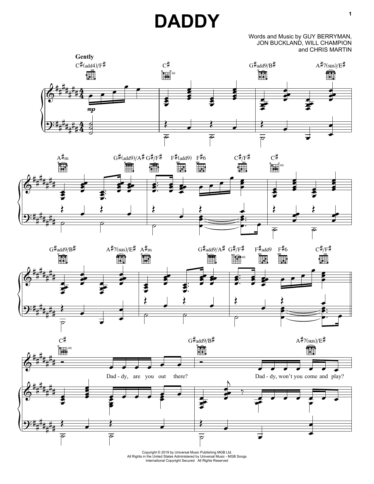 Coldplay "Daddy" Sheet Music PDF Notes, Chords | Pop Score Piano, Vocal