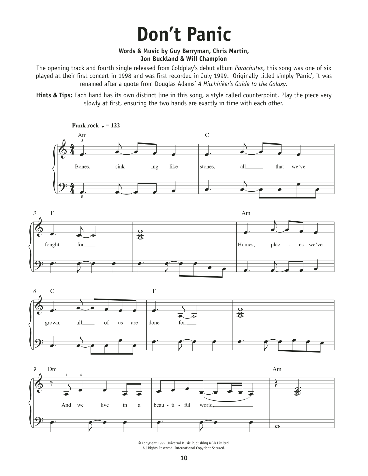 Coldplay Don't Panic sheet music notes and chords. Download Printable PDF.