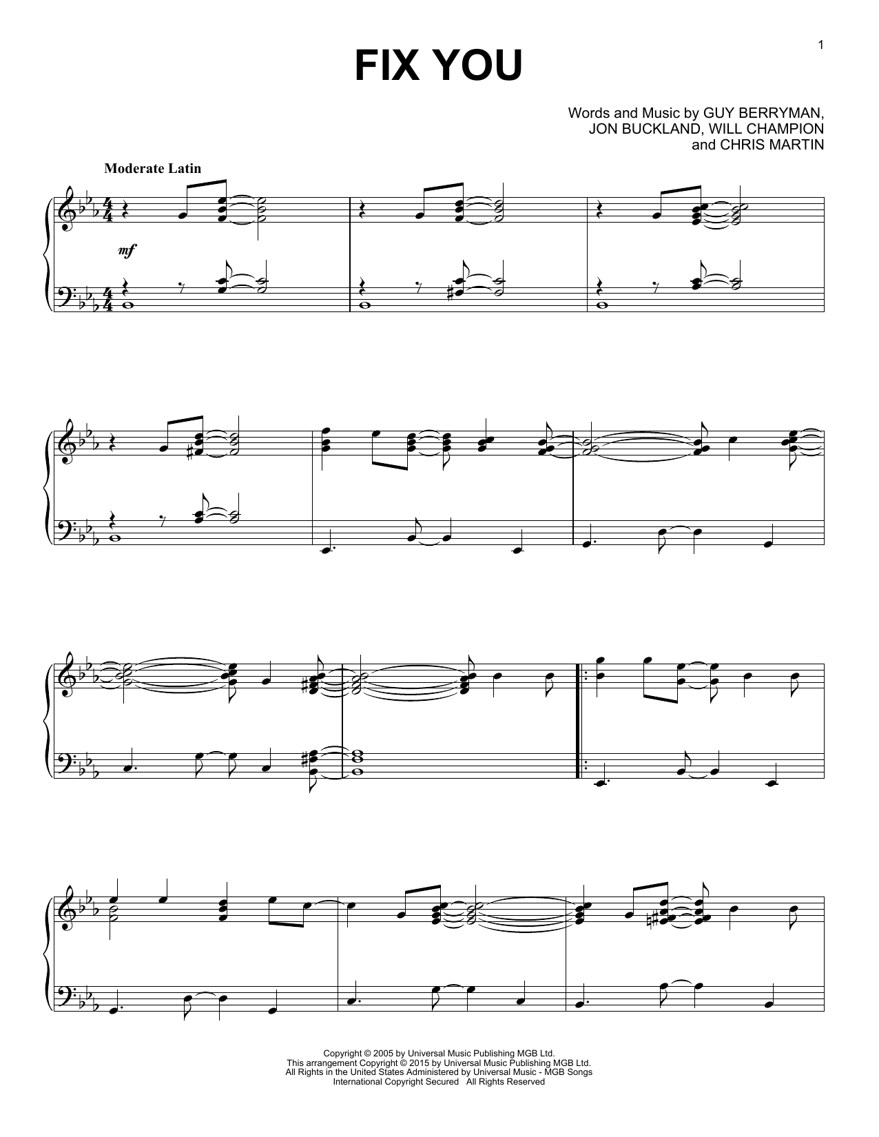 Coldplay Fix You [Jazz version] sheet music notes and chords. Download Printable PDF.