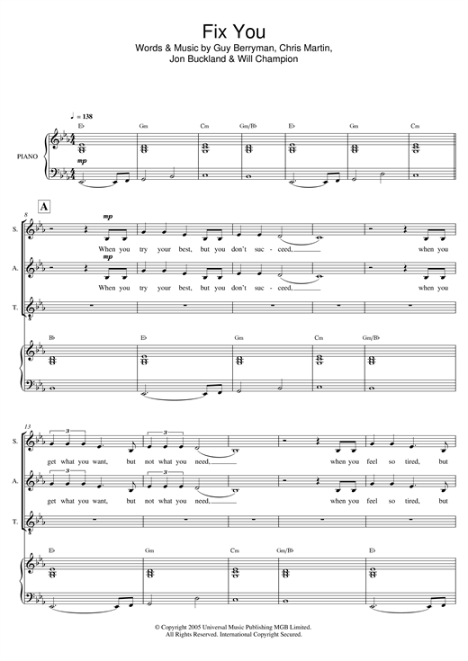 Learn to play Coldplay Fix You (arr. Mark De-Lisser) sheet music for SAT Choir in minutes. Coldplay Fix You (arr. Mark De-Lisser) sheet music notes and chords