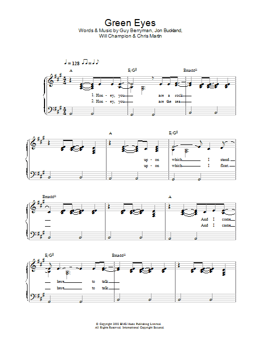 Coldplay Green Eyes sheet music notes and chords. Download Printable PDF.