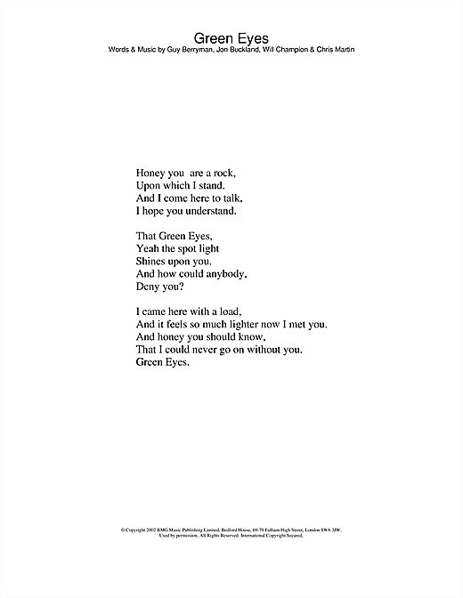 Learn to play Coldplay Green Eyes sheet music for Lead Sheet / Fake Book in minutes. Coldplay Green Eyes sheet music notes and chords. Download Printable PDF.