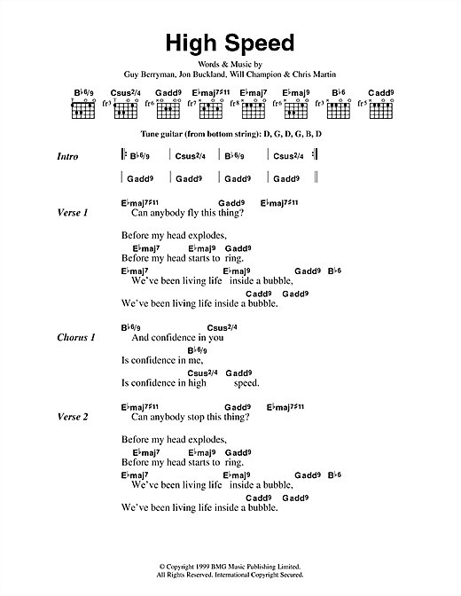 Learn to play Coldplay High Speed sheet music for Guitar Chords/Lyrics in minutes. Coldplay High Speed sheet music notes and chords. Download Printable PDF.