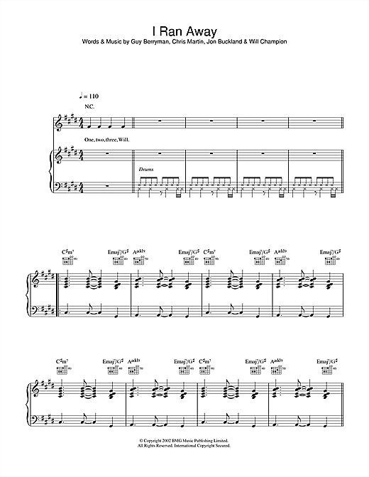 Coldplay I Ran Away sheet music notes and chords. Download Printable PDF.