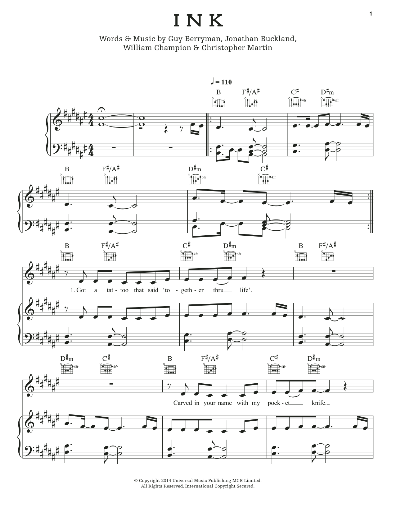 Learn to play Coldplay Ink sheet music for Piano, Vocal & Guitar (Right-Hand Melody) in minutes. Coldplay Ink sheet music notes and chords. Download Printable PDF.