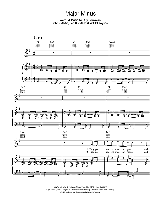 Coldplay Major Minus sheet music notes and chords. Download Printable PDF.