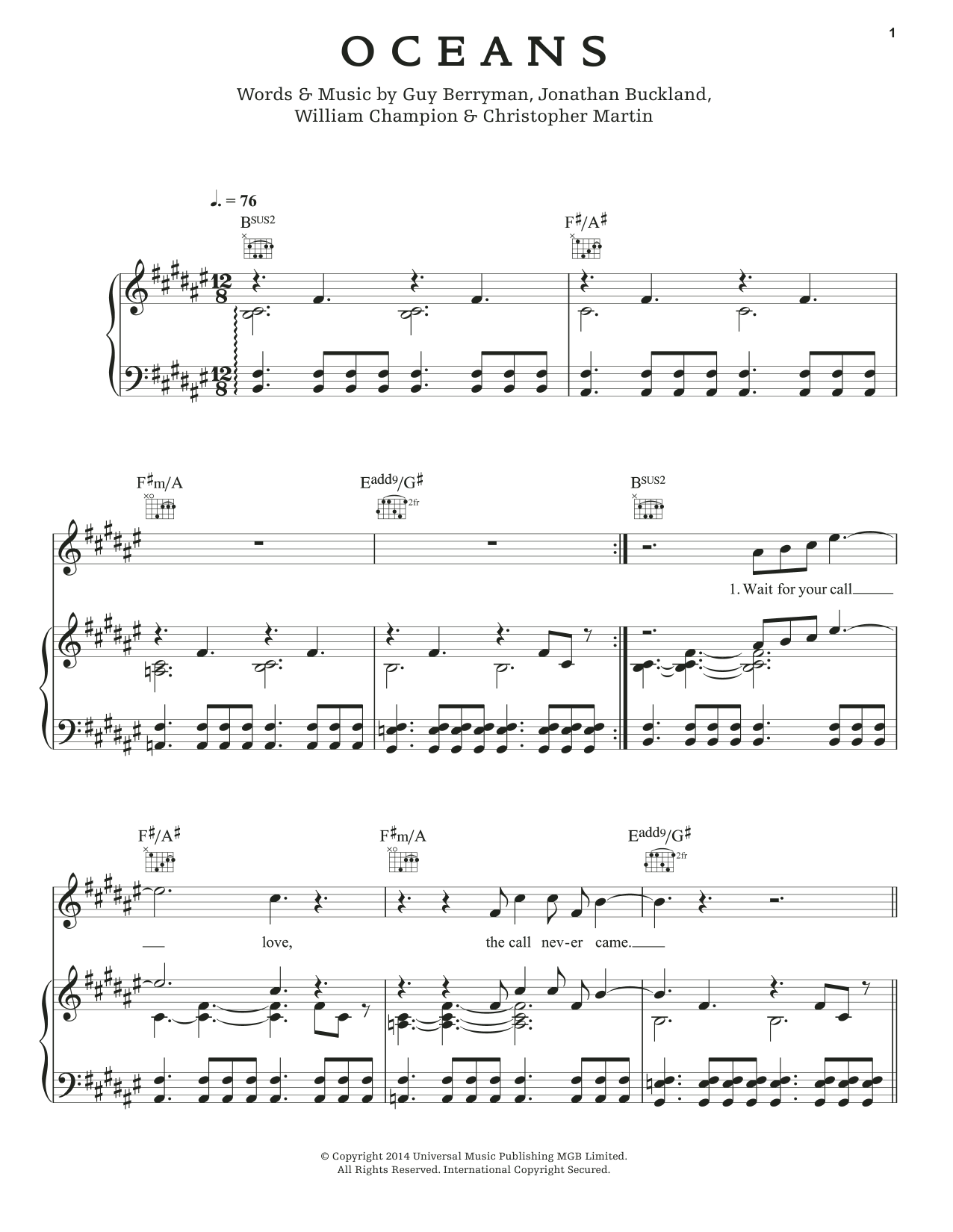 Learn to play Coldplay Oceans sheet music for Piano, Vocal & Guitar (Right-Hand Melody) in minutes. Coldplay Oceans sheet music notes and chords. Download Printable PDF.