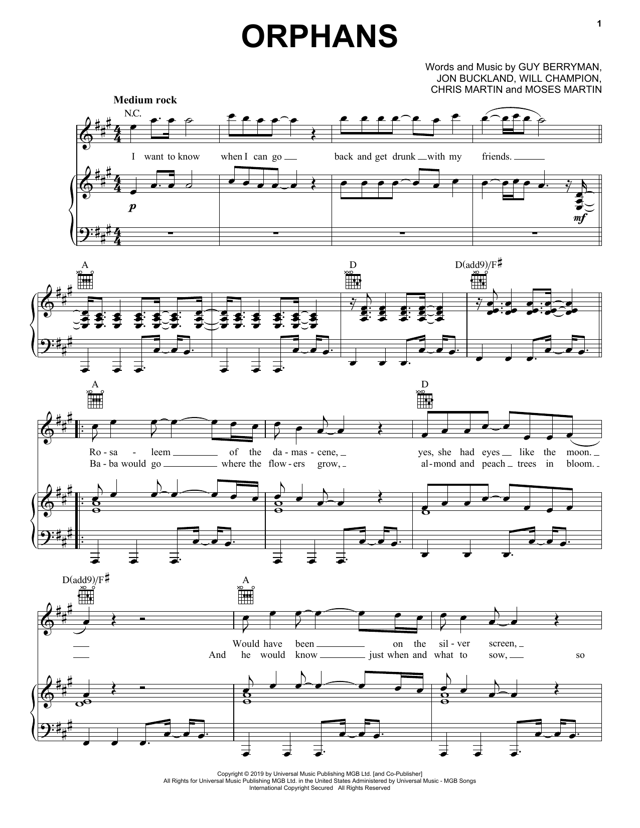 Coldplay Orphans sheet music notes and chords. Download Printable PDF.