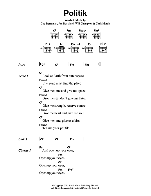 Coldplay Politik sheet music notes and chords. Download Printable PDF.