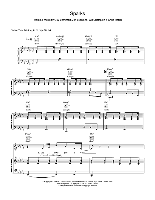 Coldplay Sparks sheet music notes and chords. Download Printable PDF.