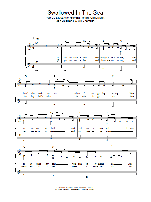 Coldplay Swallowed In The Sea sheet music notes and chords. Download Printable PDF.