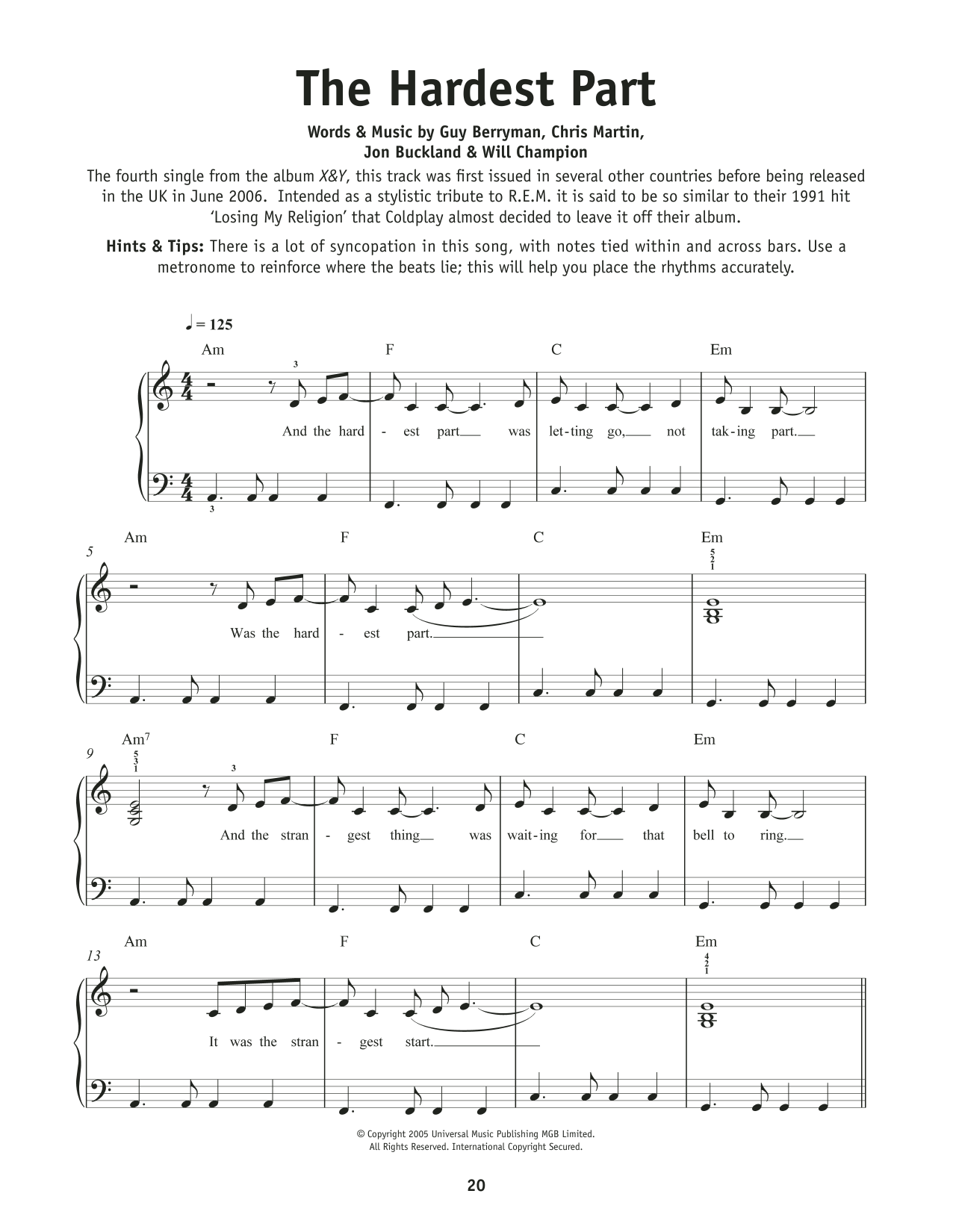 Coldplay The Hardest Part sheet music notes and chords. Download Printable PDF.