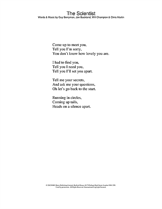 Preview Coldplay The Scientist Pop sheet music, notes and chords for Lyrics Only, SKU: 23771 sheet music, piano notes, chords, guitar tabs, score, transpose, transcribe, how to play, guide, download, learn, tutorial, progression, song, artist, awards, billboard, mtv, vh1, tour, single, album, release