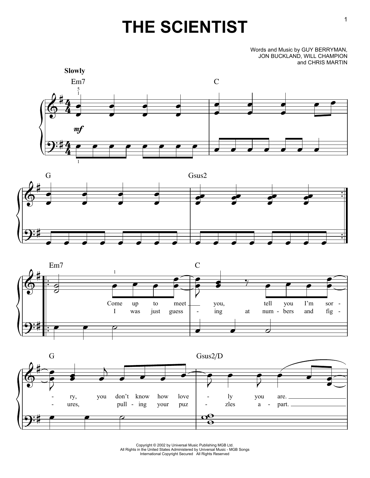 Coldplay The Scientist sheet music notes and chords. Download Printable PDF.