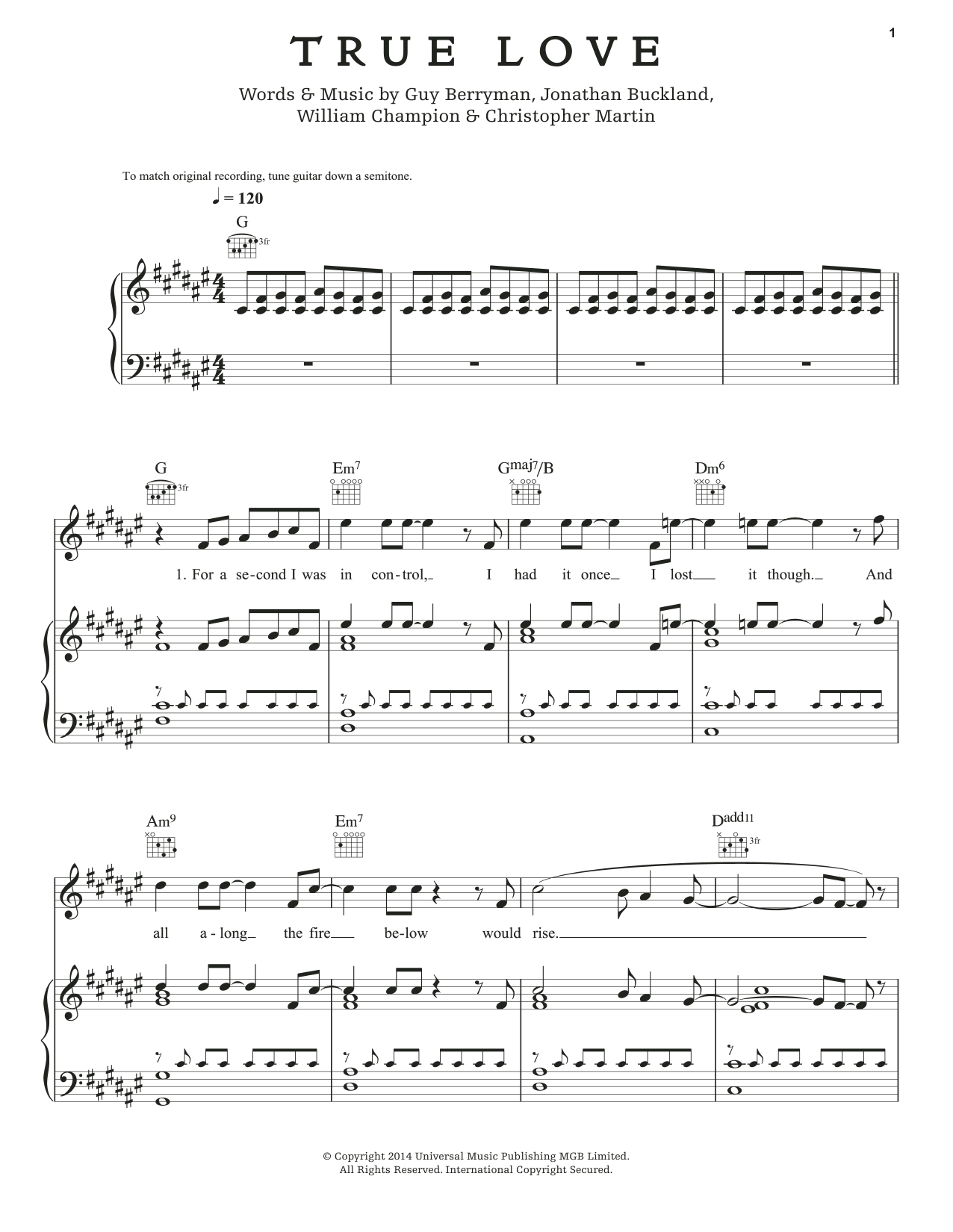 Coldplay True Love Sheet Music in G Major (transposable) - Download &  Print - SKU: MN0136171